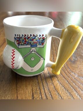 Vintage Emson Ceramic Mug Featuring 3D Baseball and Yellow Baseball Bat Handle